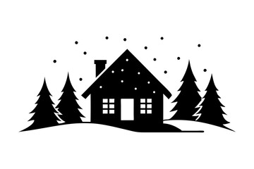 A cozy house with winter wonderland vector silhouette with snow covered background