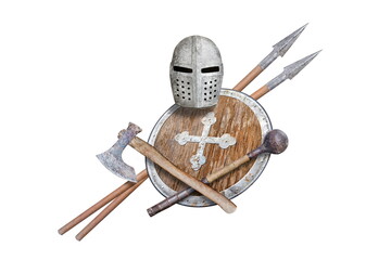  knight axe mace shield helmet and two lances  on white