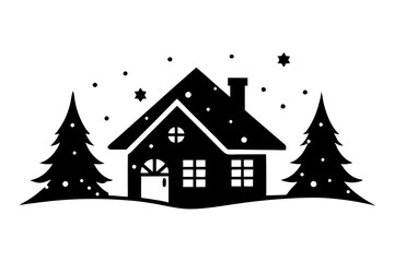 Naklejka premium A cozy house with winter wonderland vector silhouette with snow covered background
