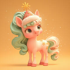 A cartoon horse with a green mane and a red hat is standing on a yellow background. The horse is wearing a Christmas hat and he is looking at the camera