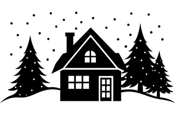 A cozy house with winter wonderland vector silhouette with snow covered background