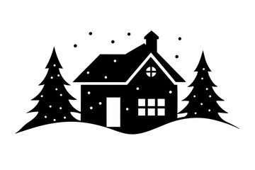 Obraz premium A cozy house with winter wonderland vector silhouette with snow covered background