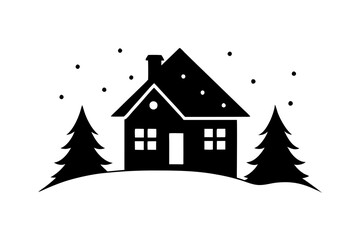 A cozy house with winter wonderland vector silhouette with snow covered background