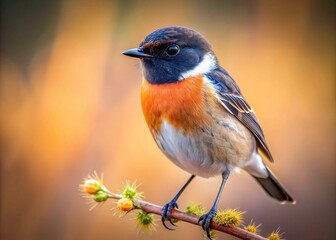 Fototapeta premium Stonechat Bird Long Exposure Photography, Branch, Wildlife, Nature, Bird Photography, Long Exposure, Blurred Background, Sharp Subject, Detailed Feathers, Bird on Branch, Stonechat Portrait, 