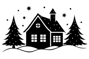 Naklejka premium A cozy house with winter wonderland vector silhouette with snow covered background