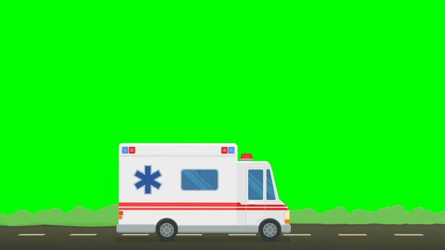 Animation loop of an ambulance driving on a road with bushes on a green screen, white background and alpha channel (flat design)
