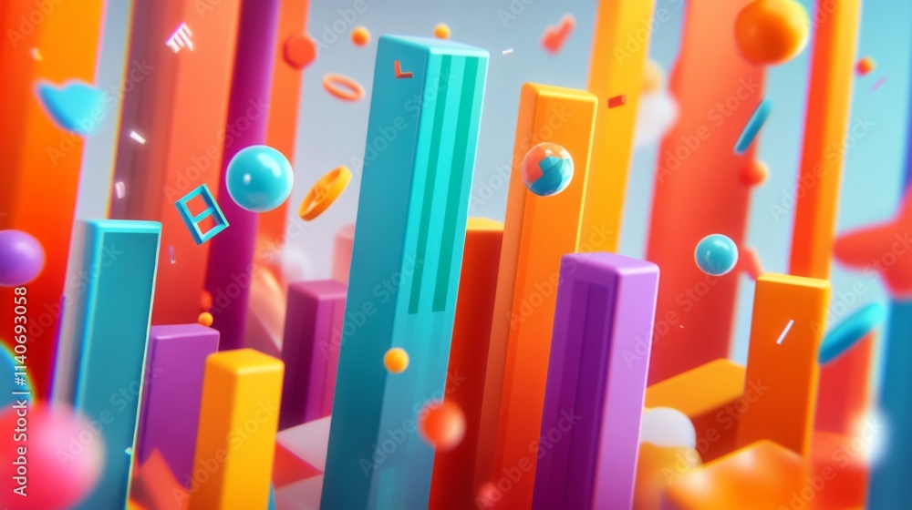 Poster vibrant abstract 3d shapes with colorful cylinders and spheres