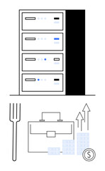 Server stack, upward arrow charts, and briefcase suggest business growth, data management, and financial success. Ideal for technology integration, corporate development, finance growth
