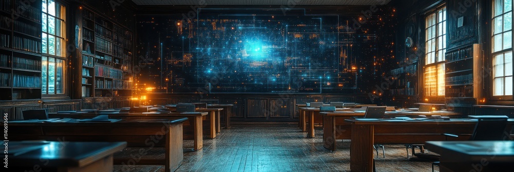 Poster a futuristic library with digital elements and a tech-inspired ambiance.