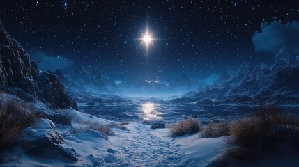 Fototapeta premium A single star shining brightly in a night sky over a snowy landscape.