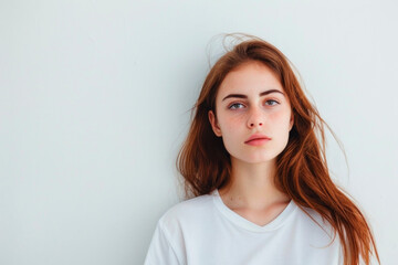 Naklejka premium Young woman with long brown hair poses against a plain wall in soft natural light
