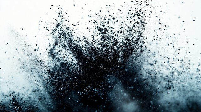 Black powder explosion on white background.