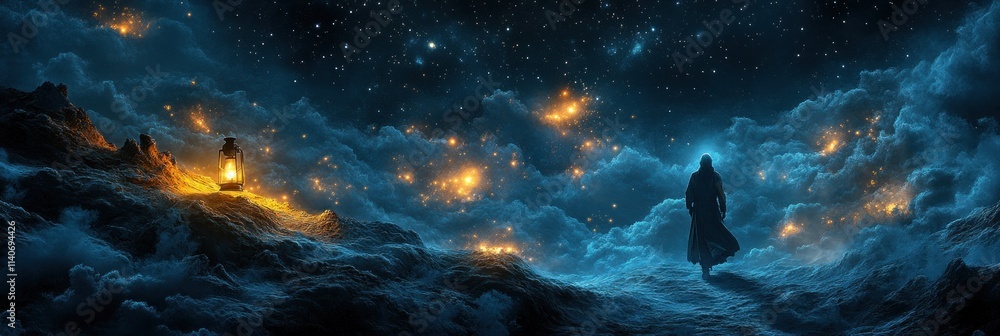 Poster a mystical scene with a figure walking through glowing clouds and distant lights.