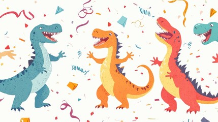 Playful Cartoon Dinosaurs with Colorful Confetti Background