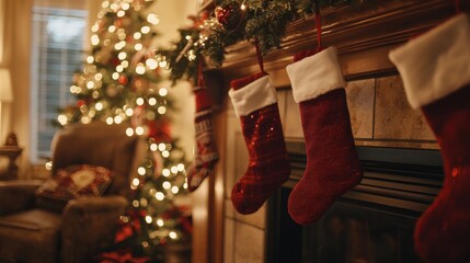 Christmas stockings hanging over a fireplace with soft warm lighting and holiday decorations
