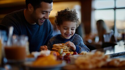 Happy father and son enjoying breakfast together at a restaurant.