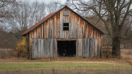 Obraz premium An old, rustic barn surrounded by a serene rural landscape.