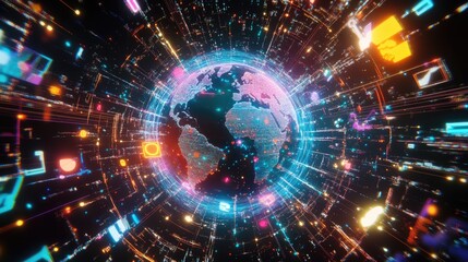 Obraz premium A holographic Earth surrounded by digital trading icons, glowing network paths encircling the globe, futuristic, vibrant sci-fi style