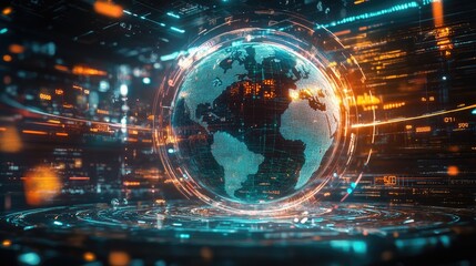 A holographic Earth surrounded by digital trading icons, glowing network paths encircling the globe, futuristic, vibrant sci-fi style