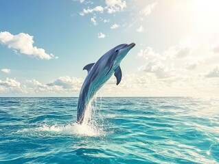 Obraz premium A dolphin leaps out of the ocean against a bright sky.