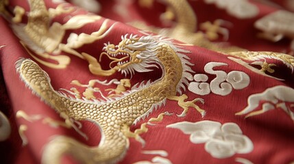 Embroidered dragon design asian textile art fabric close-up traditional craft artistic perspective cultural heritage