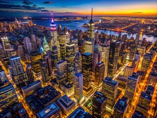 Stunning Aerial Night Views of NYC Skyline, City Lights, Manhattan Panorama, Breathtaking Night Photography