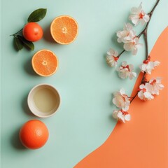 A small white bowl with oranges and beautiful tiny white flowers around it set against a pastel blue and orange background. Aesthetic flat lay photo with copy space.