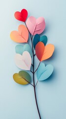 A branch with colorful leaves in the shape of a paper heart. Artistic abstract composition on light blue background.