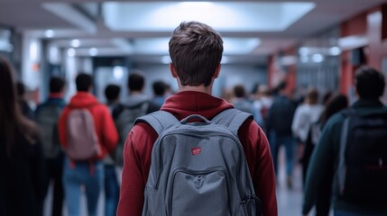 Fototapeta premium A male student walking to classes through a busy school hallway, surrounded by classmates.