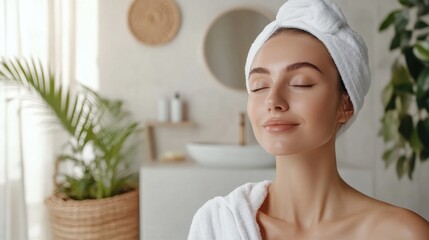Serene woman with a towel wrapped around her head relaxes in a bright bathroom enjoying a spa day.