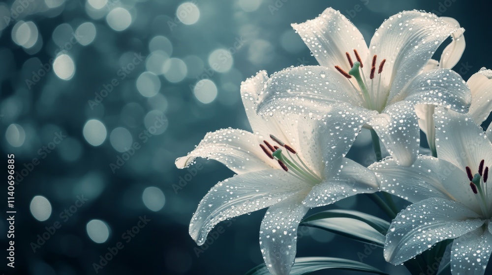 Aufkleber elegant white lilies with dew drops on soft focus background
