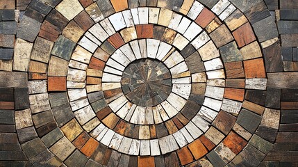 Fototapeta premium Circular mosaic design created with wooden tiles and natural colors.