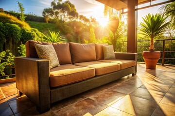 Stunning Aerial View: Brown Sofa on Patio - Drone Photography, Outdoor Living Room, Relaxing Backyard Design