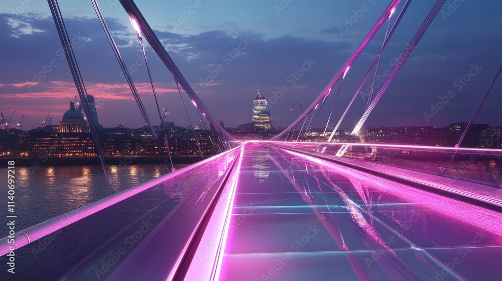 Poster futuristic bridge featuring a transparent floor that offers a clear view of the river below, enhance