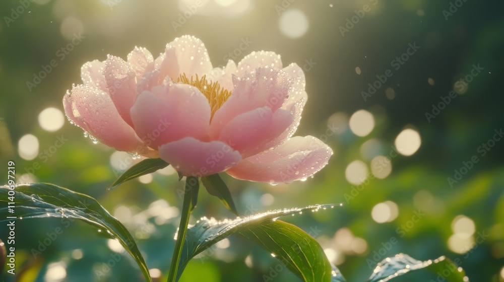 Poster soft pink flower with dew in gentle morning light and bokeh background