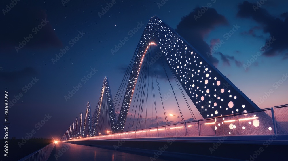 Poster futuristic cable-stayed bridge with glowing, geometric patterns and a high-tech material that change