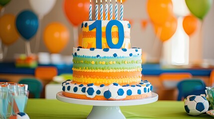A sports-themed birthday cake with soccer ball accents and a bold blue number 10 candle in the center.