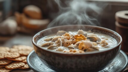 Warm bowl of clam chowder with crackers on rustic wooden table
