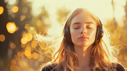 A serene woman wearing headphones enjoying music with her eyes closed, illuminated by golden flowing light.
