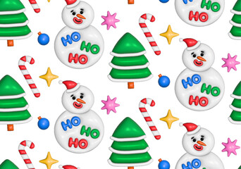 Christmas seamless pattern with inflated 3D toys in y2k style. Christmas tree, striped candy cane, stars and snowman with reflective plastic texture.