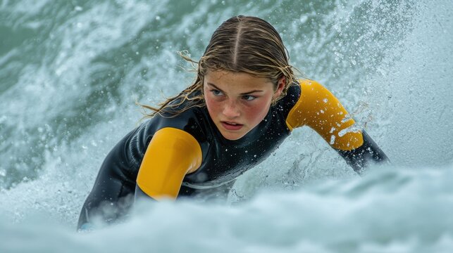 Focused female surfer wearing a yellow and black wetsuit balances on a surfboard while riding ocean waves.