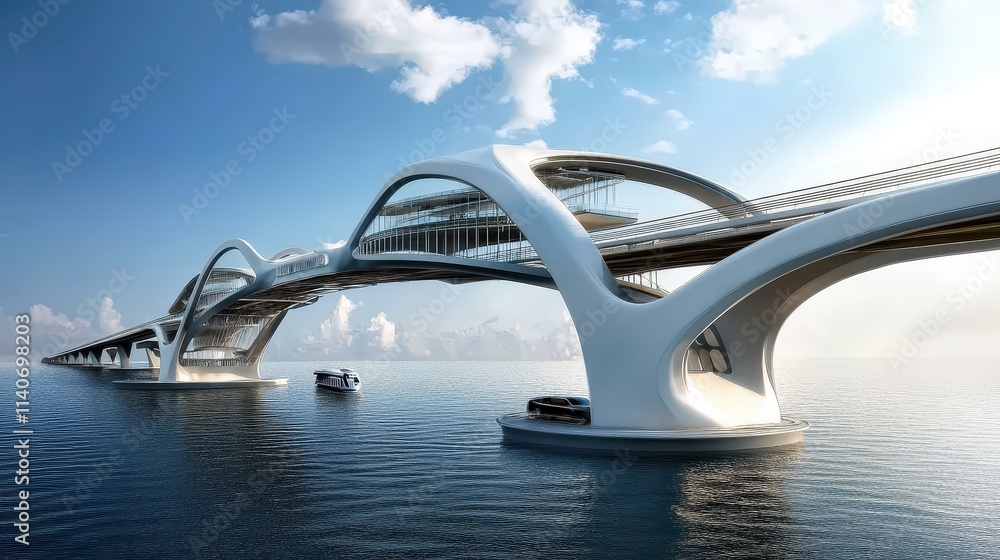Poster futuristic multi-level bridge spanning over a wide bay, with moving sections that adapt to both huma