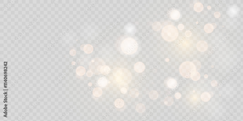 Poster Sparkling golden particles, glowing bokeh lights isolated on dark transparent background