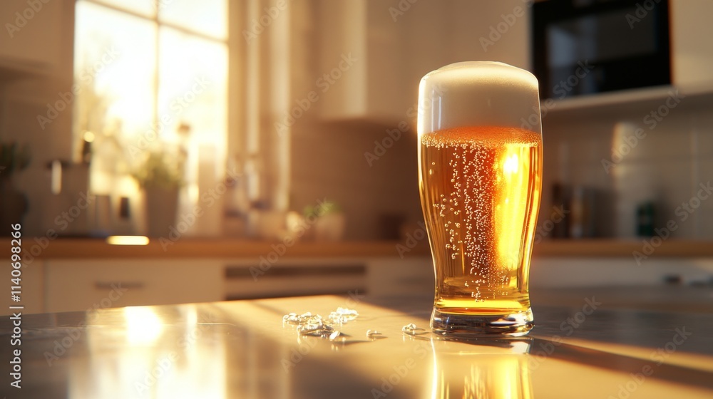Poster Refreshing Glass of Beer with Foam in Bright Kitchen Setting