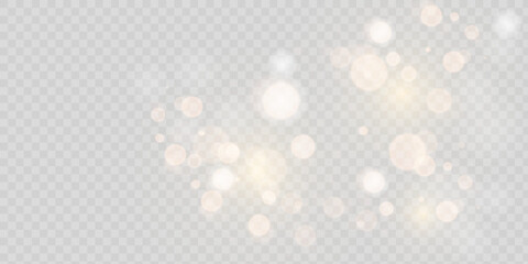 Sparkling golden particles, glowing bokeh lights isolated on dark transparent background