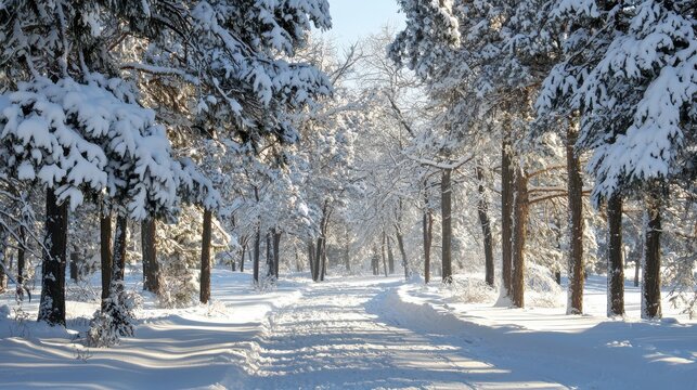Snow-covered pine forest with sunlight streaming through the trees serene winter landscape