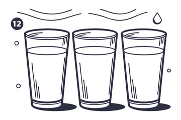 An icon featuring 11 simple, identical 200 ml transparent glasses filled with water. The glasses are evenly spaced and aligned, with a minimalistic and clean design. The background is plain or slightl