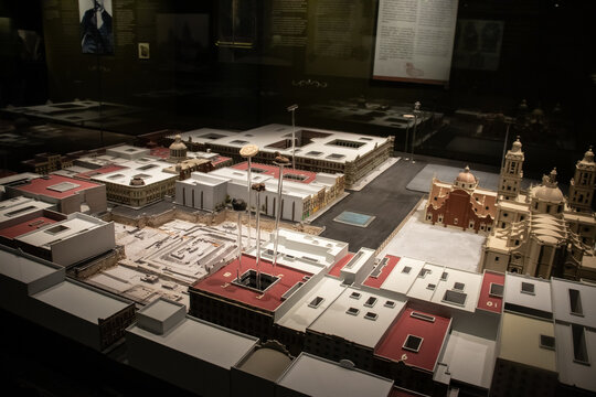 Mexico City, Mexico  November 12, 2024: Model of downtown Mexico City showing the location of some of the main archaeological findings.