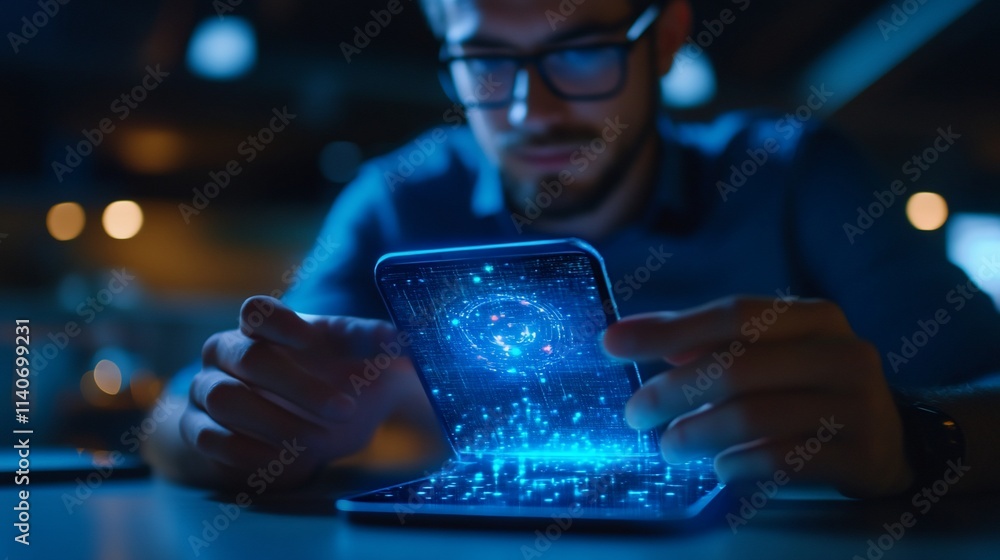 Aufkleber man using smartphone with digital holographic projection.