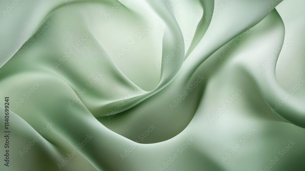 Poster elegant silk waves draping softly, creating a serene atmosphere in a gentle hue of green that evokes